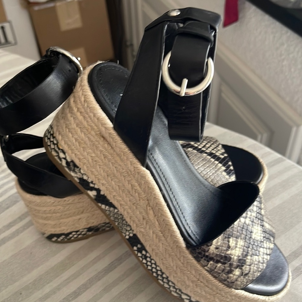 Marc Fisher Black and Natural Espadrille Platform Sandals